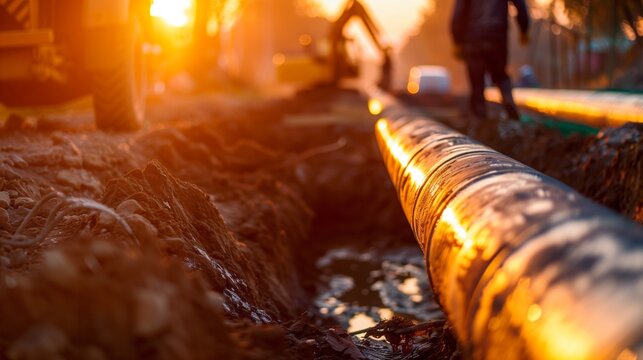 Corrugated drainage pipe laid in excavated trench at a construction site, showing underground utility installation and water management work by construction worker during infrastructure development