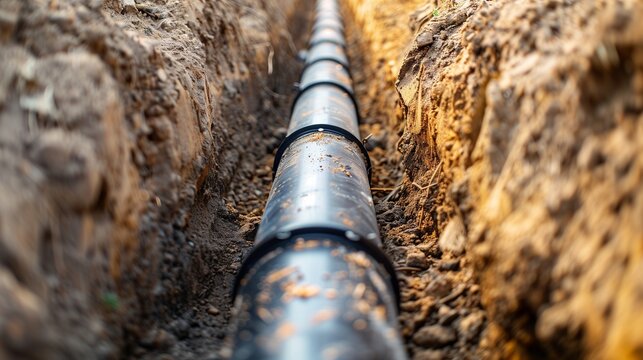 Corrugated drainage pipe laid in a narrow trench at a construction site, showing underground pipe installation and excavation for water management and sewer infrastructure.