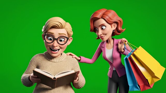 Cartoon women with shopping bags and book on green screen background celebrating shopping and reading
