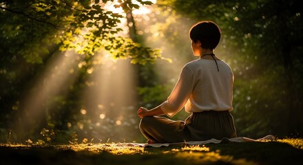 Obraz premium Meditating Woman in Nature, Sunlight and Serenity