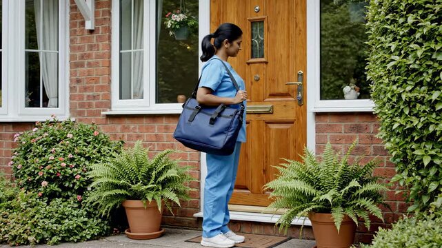 Community nurse arriving at patient home for visit young female healthcare professional ready to provide care and support