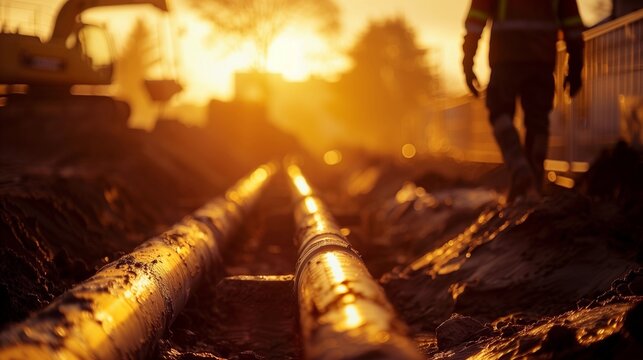 Corrugated drainage pipe laid in an excavated trench at a construction site at sunset, worker and equipment nearby signal underground utility installation and water management work.