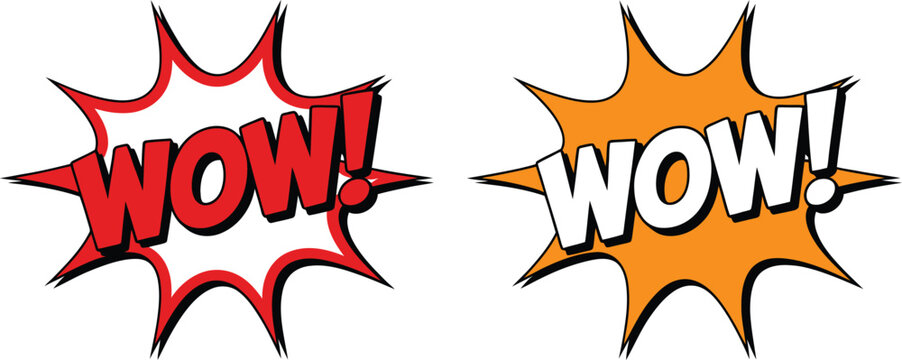 Comic wow speech bubble set with red and yellow explosion shapes for pop art style creative projects