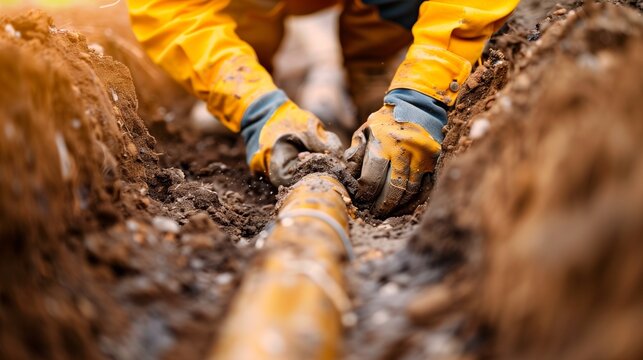 Construction worker installs corrugated drainage pipe in an excavated trench for underground utility and water management on a building site.