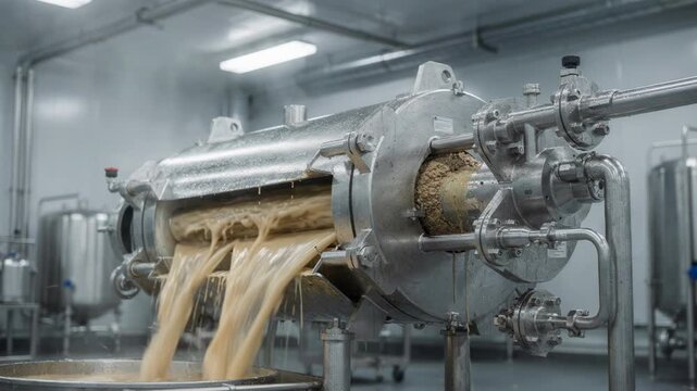 Medium shot of enclosed centrifugal separator in action emphasizing sealed system and controlled environment to prevent contamination during solid removal from fermented mash.