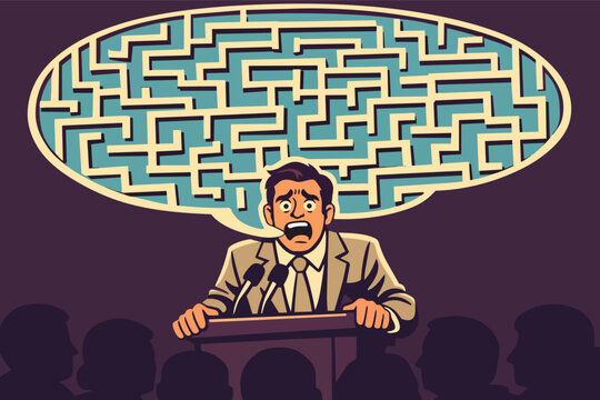 Public speaker feeling confused and anxious, having trouble articulating thoughts in a speech to an audience