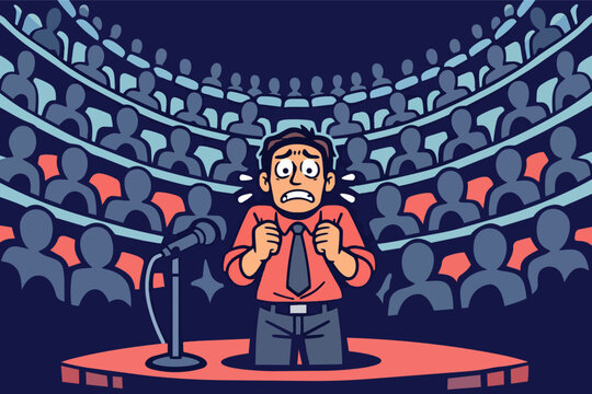 Man feeling nervous and anxious on stage attempting to speak into a microphone before an audience, showing glossophobia