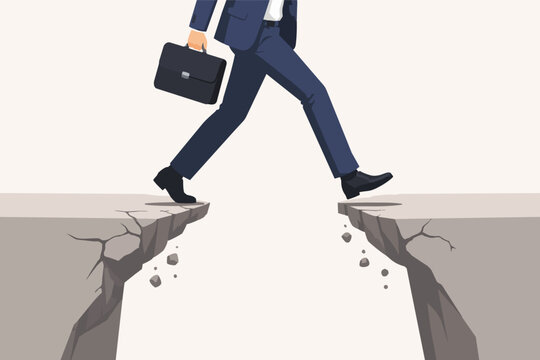 Businessman stepping over a gap, overcoming challenge, showing progress, taking a risk, and moving forward
