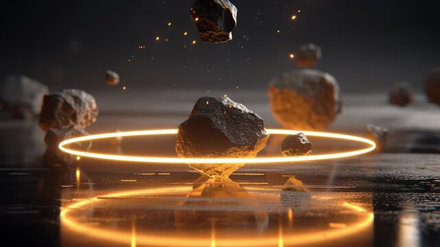 Conceptual scene of floating rare earth mineral rocks suspended above a dark metallic surface. A glowing circular ring of golden yellow energy appears on the ground beneath the minerals, forming 