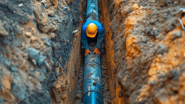 Construction worker installs corrugated drainage pipe in a deep trench at a building site, showing excavation, underground utility placement and water management infrastructure.