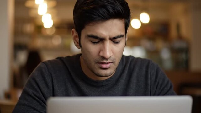 Frustrated Young Man Looking at Laptop Screen in Cafe Feeling Confused or Dissatisfied with Online Content