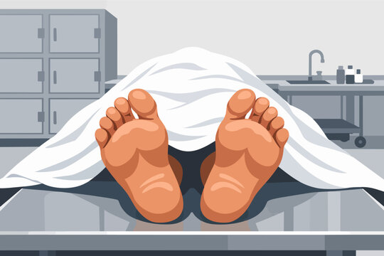 Deceased body lying under white sheet in morgue, feet showing on mortuary slab, flat illustration