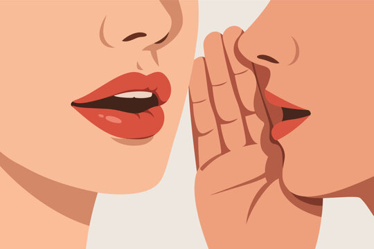 Person whispering a secret or gossip into another person's ear, sharing rumors and private information