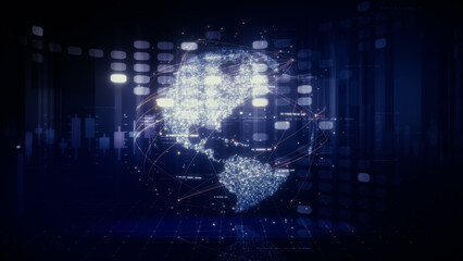 Fototapeta premium Futuristic global financial data visualization, world map and digital globe with candlestick chart, stock trading analytics, forex market dashboard, fintech infographic, big data interface