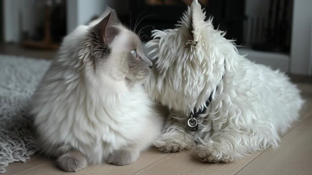 Soft balanced minimalist space showing a Birman Cat and West Highland White Terrier Dog, Soft white dog and cat sit side by side. Blue eyes gaze calmly toward camera. Furry companions look peaceful