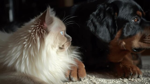 Soft diffused brightness featuring a Birman Cat and Rottweiler Dog, Soft-furred cat and Rottweiler rest together. Blue eyes gleam beside warm brown gaze. Each animal shows calm, gentle attention. 