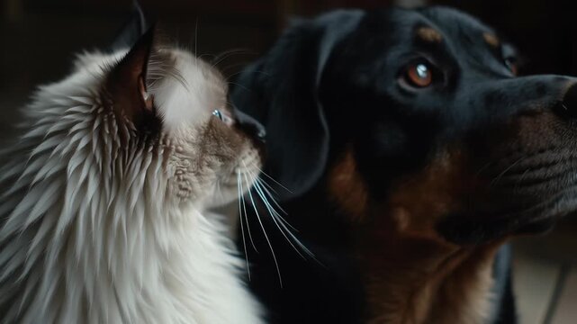 Soft diffused brightness featuring a Birman Cat and Rottweiler Dog, Soft fur and bright eyes meet in quiet companionship. Cat and dog gaze upward, united in stillness. Their expressions reflect calm