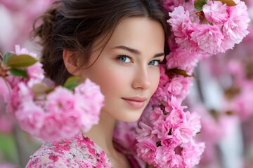 Naklejka premium Woman posing with pink cherry blossoms in bloom