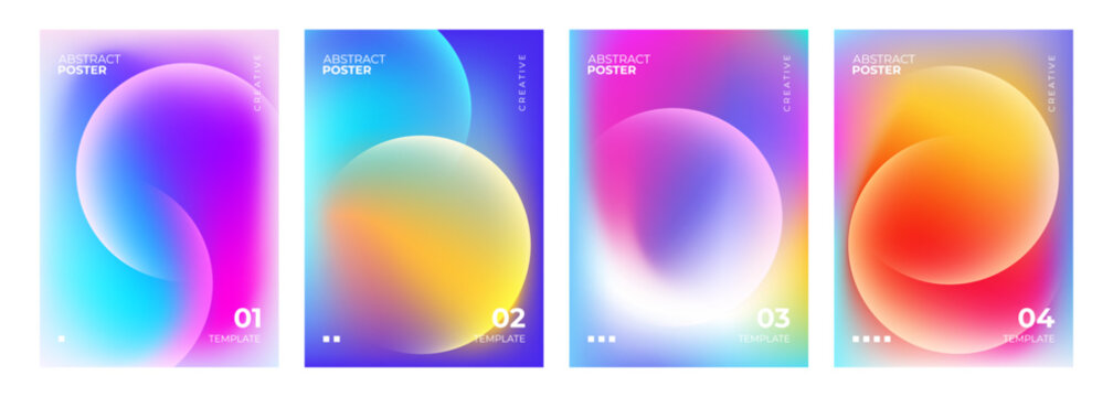 Set of futuristic abstract posters. Vibrant blurred gradients and defocused spheres for creative graphic design. Vector illustration.