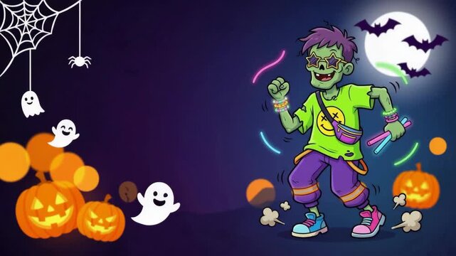 Cartoon zombie dancing at night with glowing sticks and pumpkins