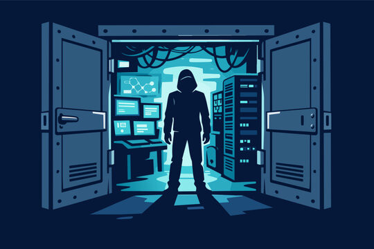 Hooded figure performing an illegal cyber attack, breaking into a secure server room and stealing confidential data