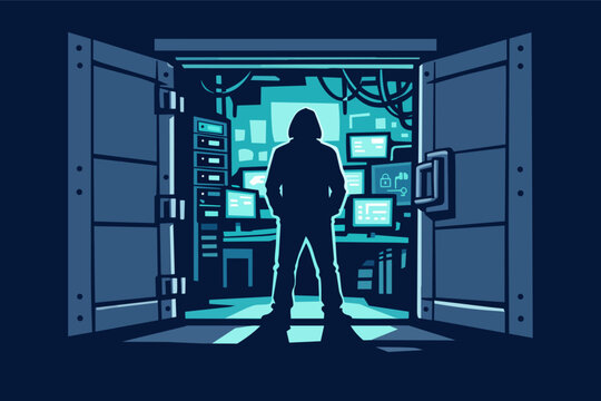Hacker silhouette standing in data center doorway, entering or exiting a secure server room, cyber crime and network security concept
