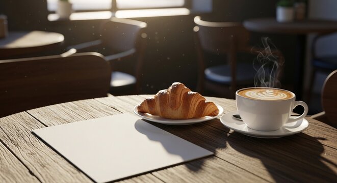 Coffee shop table with blank menu card mockup, pastry, and coffee in warm lighting. Ideal for restaurant and cafe branding.