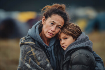Obraz premium Woman and child embrace closely, both wearing warm clothing, with a blurred background of tents and outdoor environment indicating a temporary living situation