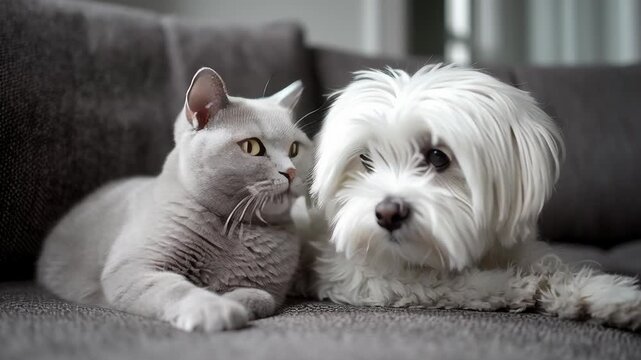 Soft minimalistic setting with an American Shorthair Cat and Maltese Dog, Soft grey cat and fluffy white dog rest side by side. Cat gazes calmly, dog looks directly at viewer with sweet eyes. 