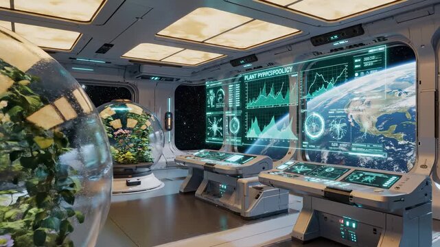 Futuristic space station interior with greenery observing earth and plant data on digital display screens