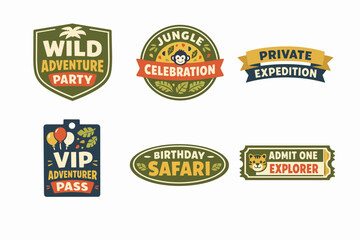 Jungle adventure celebration badges and safari party tickets for kids events
