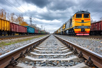 Fototapeta premium Freight train with rolling stock moving on railway tracks