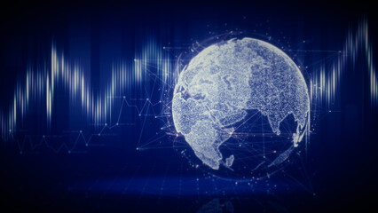 Naklejka premium Futuristic global financial data visualization, world map and digital globe with candlestick chart, stock trading analytics, forex market dashboard, fintech infographic, big data interface