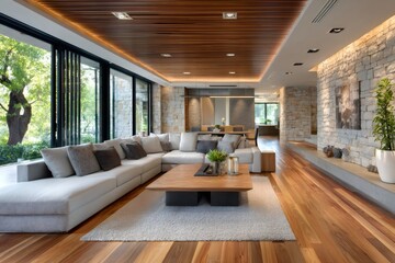 Fototapeta premium Modern luxury living room interior with natural materials