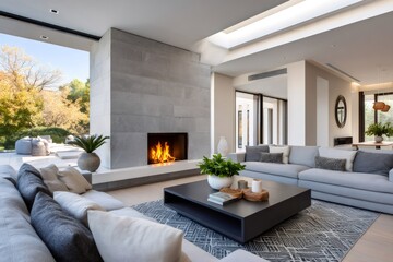 Fototapeta premium Modern living room interior with contemporary fireplace and garden view