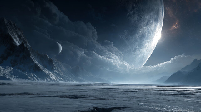 Alien frozen landscape with giant moon sci-fi environment
