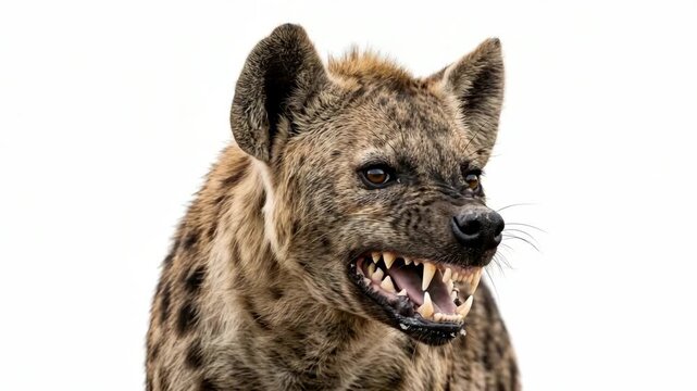 Spotted hyena snarling with mouth open and sharp teeth visible on white background