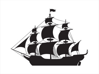 Pirate Ship silhouette, Vintage sailing ship silhouette, Pirate boat vector illustration design © Jabed