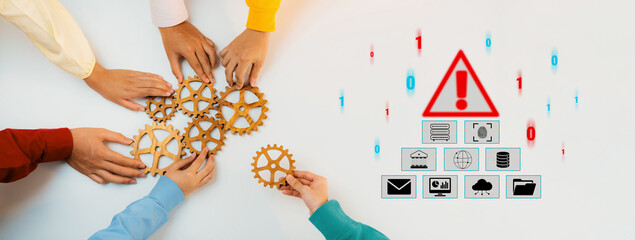 Obraz premium Diverse Group of People Collaborating on Project with Gears Symbolizing Teamwork and Technology Interactions on White Background Quark.