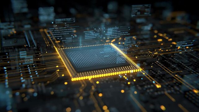 A powerful AI computer chip glowing with blue and yellow energy lines on a black minimal background. Subtle floating legal text fragments and policy icons appear softly around the chip like digital 