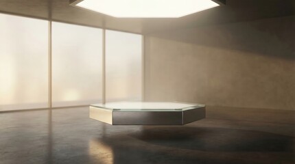Fototapeta premium Hexagonal floating podium with a glass in a modern industrial room with large windows and soft ambient light creating a futuristic and spacious presentation area
