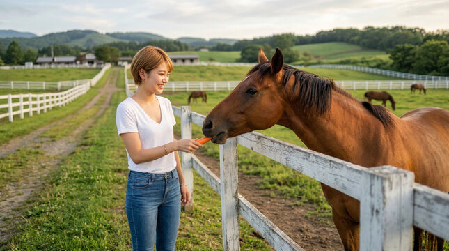 牧場で馬に人参をあげる笑顔の若い日本人女性