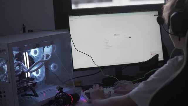 Teenage boy using a computer and interacting with an AI chat interface on a bright monitor in a modern RGB-lit setup. Concept of technology, digital communication, and learning in a home workspace