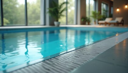 Fototapeta premium Indoor swimming pool water gleams with natural light from large windows. Modern spa, fitness club offers luxury relaxation, exercise. Lounge chairs sit by pool in serene setting. Rich green trees
