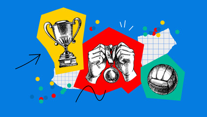 Fototapeta premium Trendy collage with trophy, medal and ball hand drawn illustration. Vector doodle sketch sport background. Poster, certificate, diploma design.