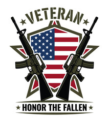 Naklejka premium Symbolic illustration of two rifles flanking the American flag with the words Veteran and Honor the Fallen for military and patriotic themes Best Selling T-shirt Design