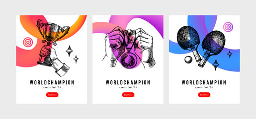 Naklejka premium Banners with sport trophy, medal and cup, hand drawn in vintage sketch style. Celebration of athletic victory, motivation and team spirit. Vector isolated illustration