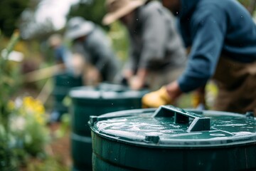 Obraz premium Rainwater barrels with lids in foreground. People installing barrels in garden area. Community water collection project, rainwater harvesting setup, outdoor installation activity