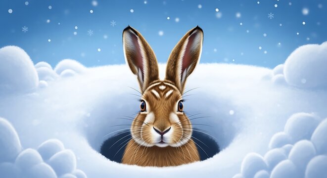 Brown hare emerging from snowy burrow on winter day