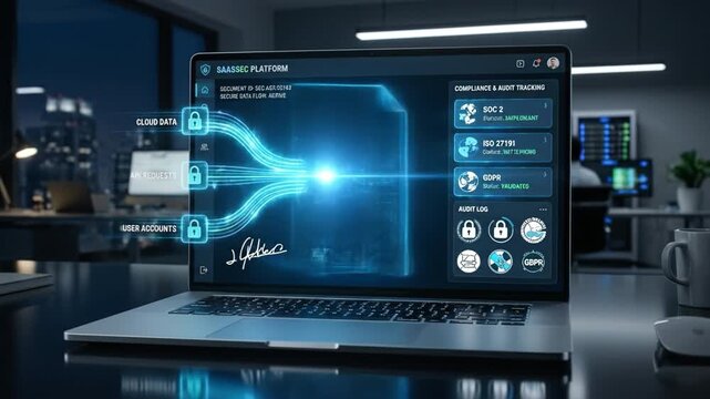 SaaS security agreement laptop with encrypted data flow, compliance tracking, audit log, cybersecurity software, digital locks, secure connection, and technology validation modern office environment